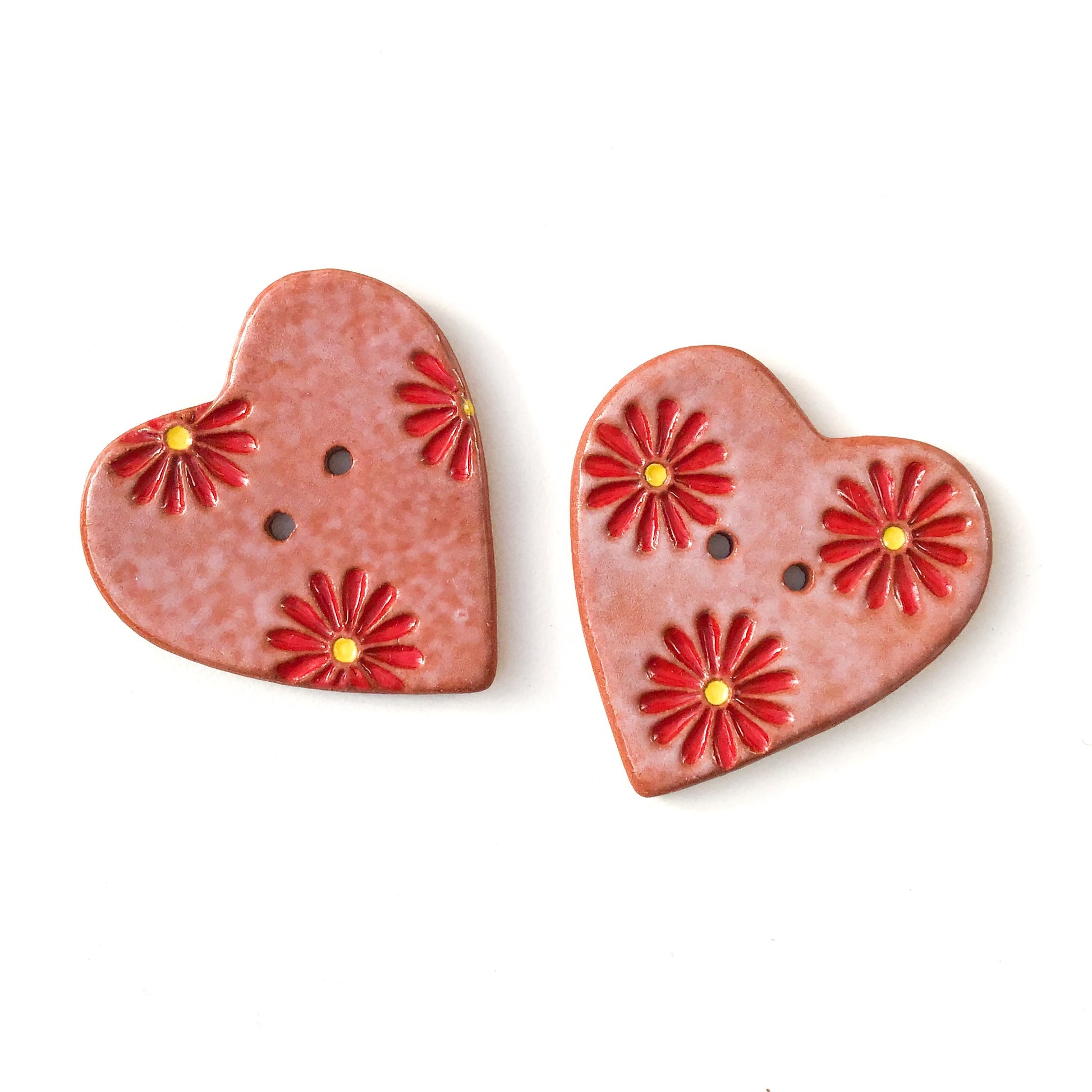 Decorative Heart Buttons - Ceramic Heart Button - Red Daisies - 1 3/8