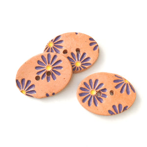 Purple Daisy Buttons on Brown Clay - 3/4" x 1 1/16" - 3 Pack