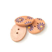 Load image into Gallery viewer, Purple Daisy Buttons on Brown Clay - 3/4&quot; x 1 1/16&quot; - 3 Pack