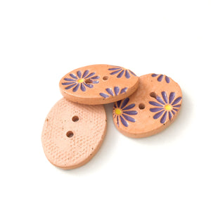 Purple Daisy Buttons on Brown Clay - 3/4" x 1 1/16" - 3 Pack