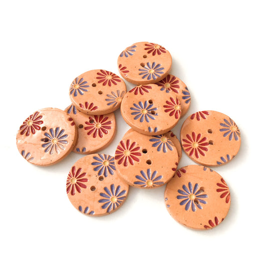 Purple & Burgundy Daisy Buttons on Brown Clay - 1 1/16"