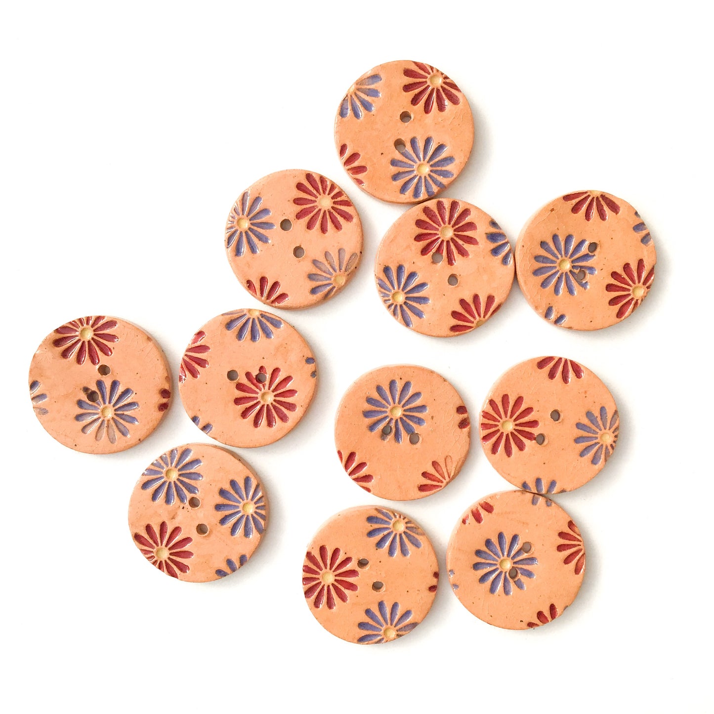 Purple & Burgundy Daisy Buttons on Brown Clay - 1 1/16"