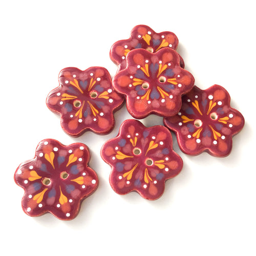 Wine Colored - Flower Shaped Ceramic Buttons - Decorative Clay Buttons - 1 1/4