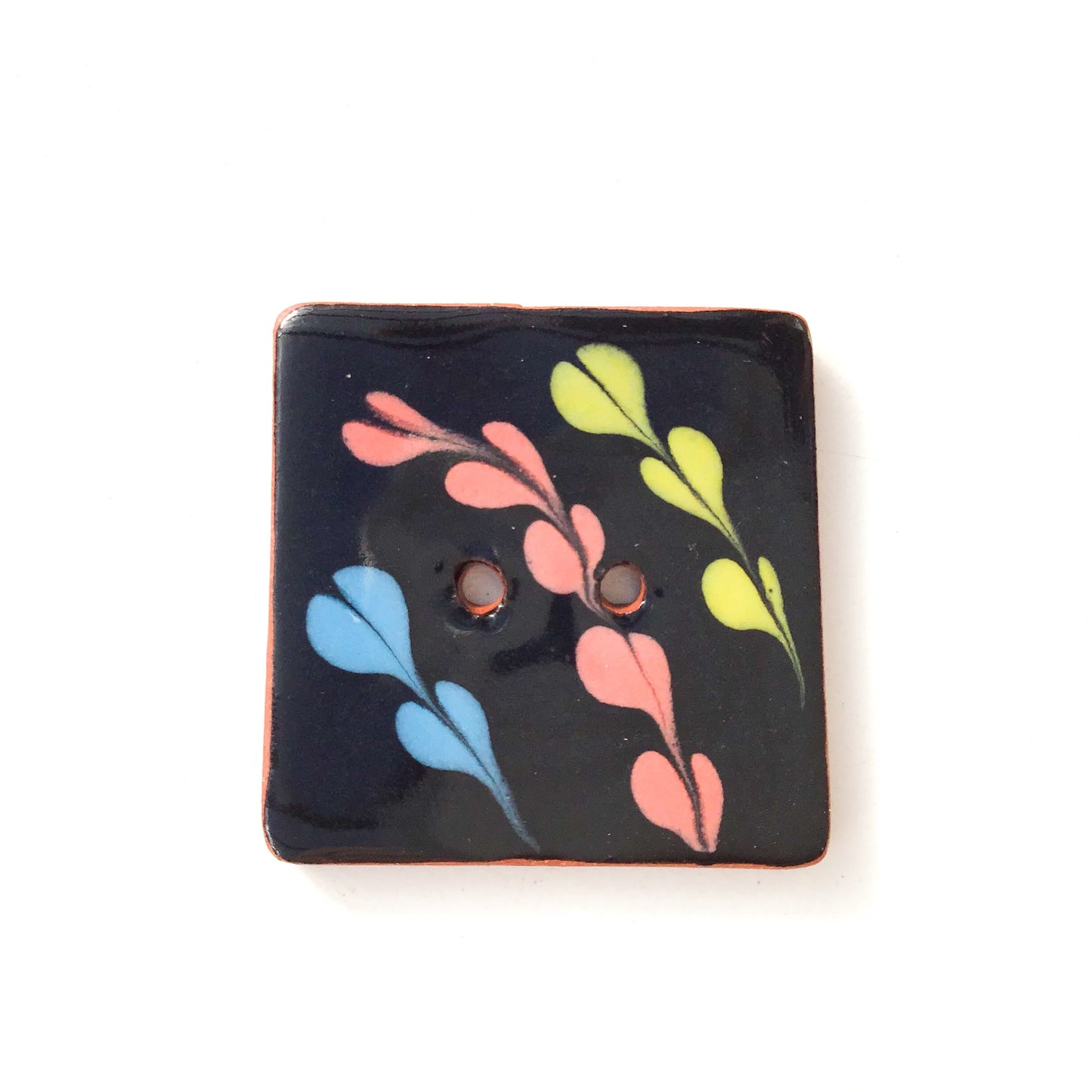 Black Ceramic Button with Chartreuse, Coral, & Blue Detail - Decorative Clay Buttons - 1 1/16"