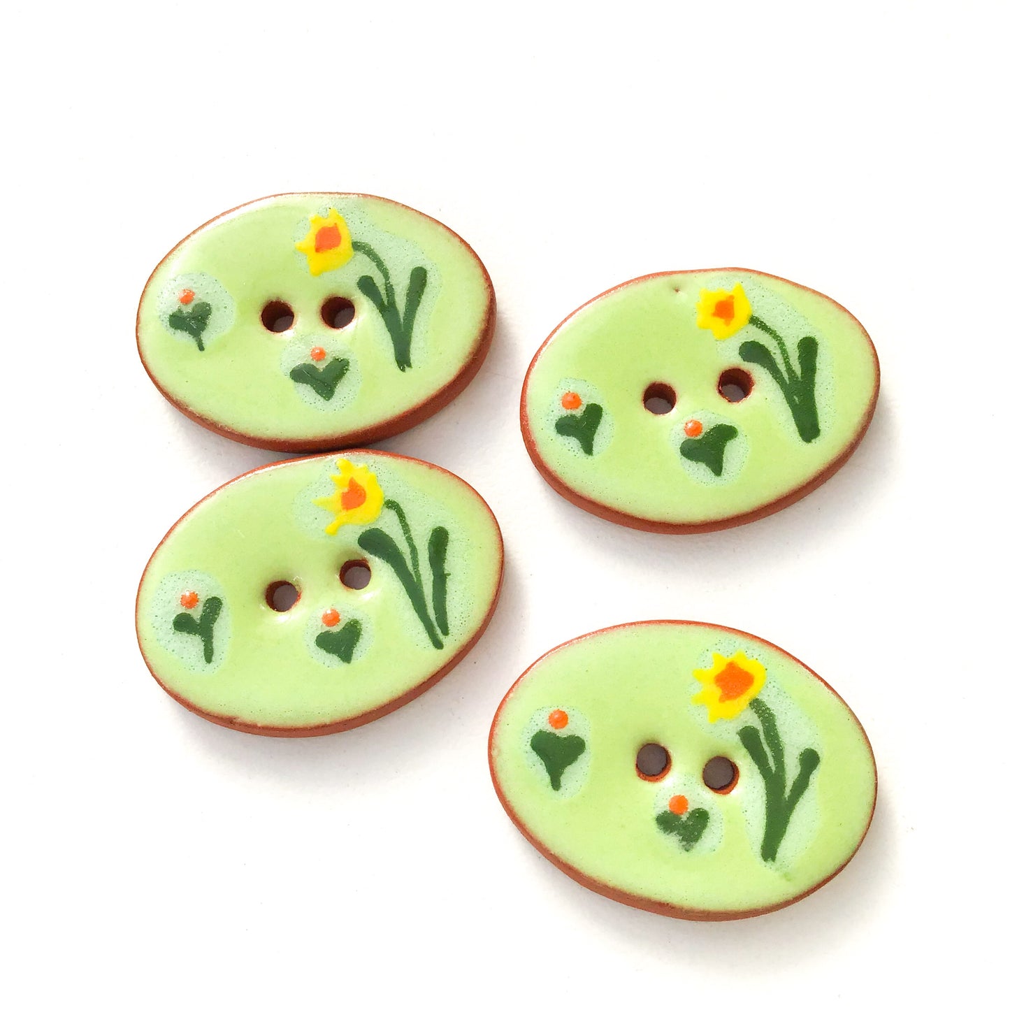 Green Ceramic Spring Flowers Buttons - Oval Clay Buttons - 3/4" x 1 1/16"