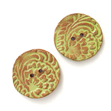 Load image into Gallery viewer, Hand Stamped Speckled Green Ceramic Buttons on Red Clay - 1 1/8&quot; - 2 Pack