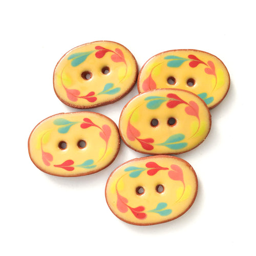 Yellow Ceramic Buttons with Rainbow Wreath - Oval Clay Buttons - 7/8