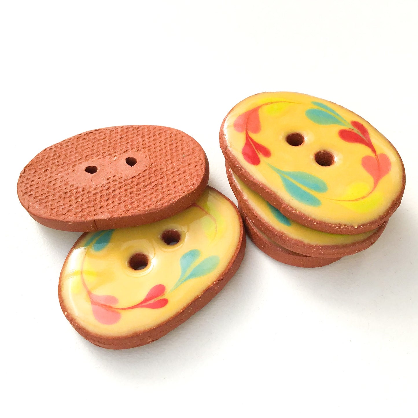 Yellow Ceramic Buttons with Rainbow Wreath - Oval Clay Buttons - 7/8" x 1 1/4"