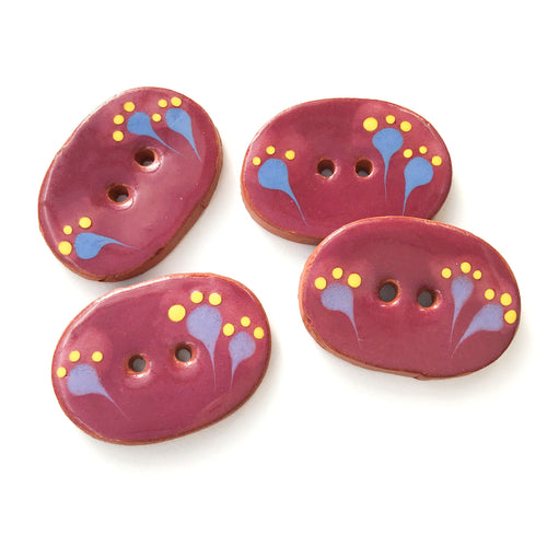 Wine Purple Ceramic Buttons with Blue & Yellow Flowers - Oval Clay Buttons - 7/8