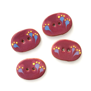 Wine Purple Ceramic Buttons with Blue & Yellow Flowers - Oval Clay Buttons - 7/8" x 1 1/4"