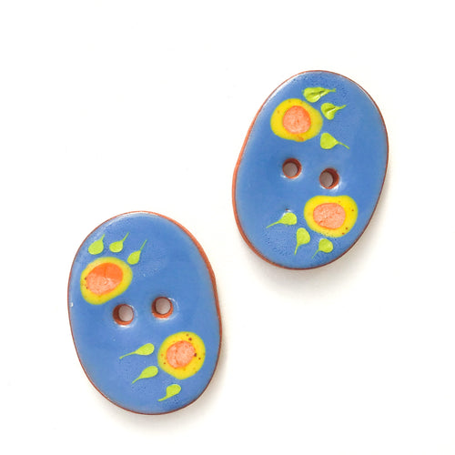 Celadon Blue Ceramic Buttons with Orange & Yellow Flowers - Oval Clay Buttons - 7/8