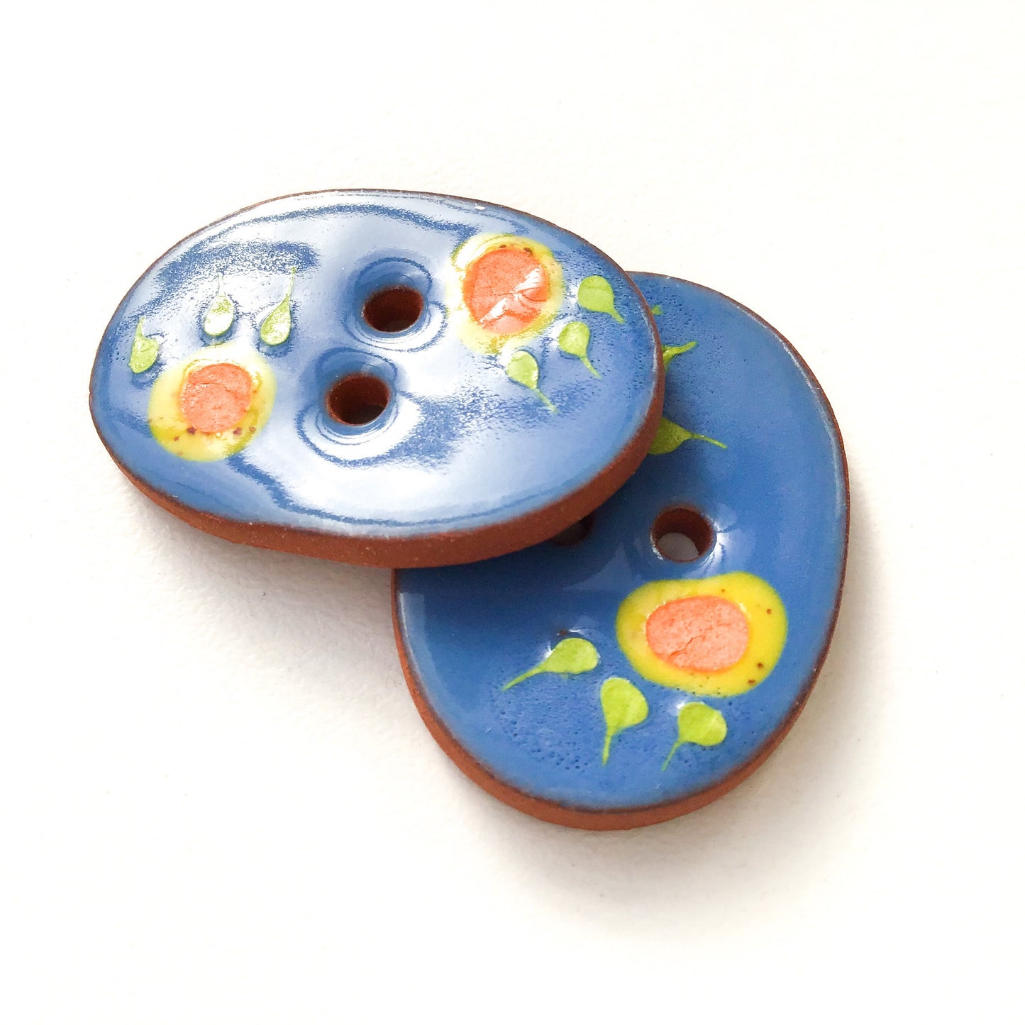 Celadon Blue Ceramic Buttons with Orange & Yellow Flowers - Oval Clay Buttons - 7/8" x 1 1/4"