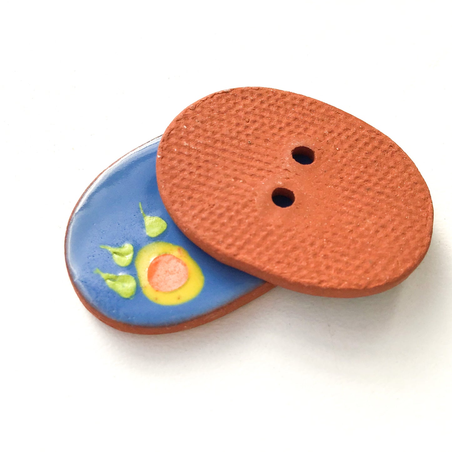 Celadon Blue Ceramic Buttons with Orange & Yellow Flowers - Oval Clay Buttons - 7/8" x 1 1/4"