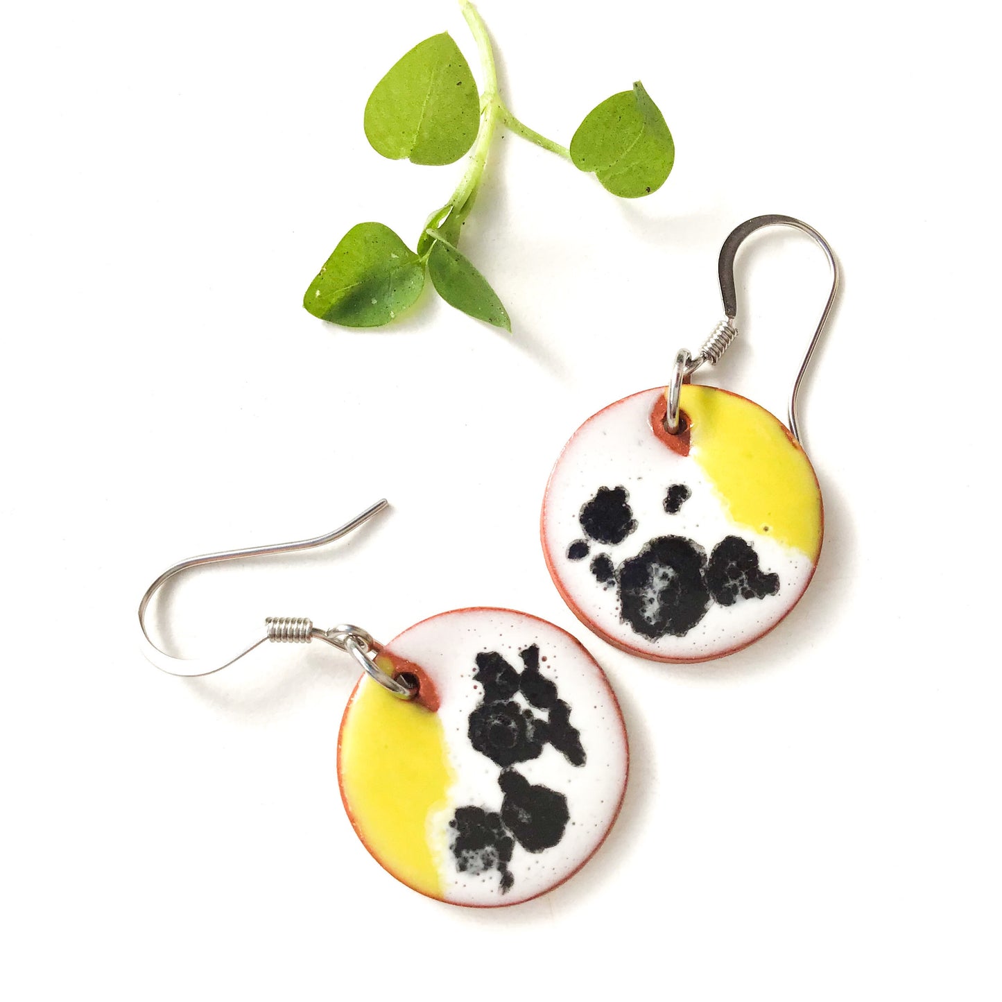 Color Contrast Earrings on Red Clay - Chartreuse + Black & White Ceramic Earrings