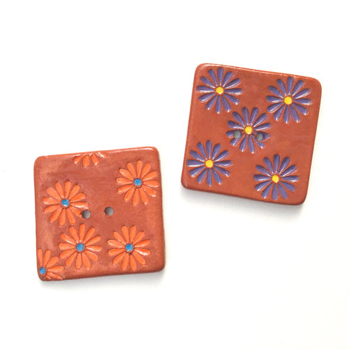 Hand Stamped Daisy Button on Red Clay - 1 7/16