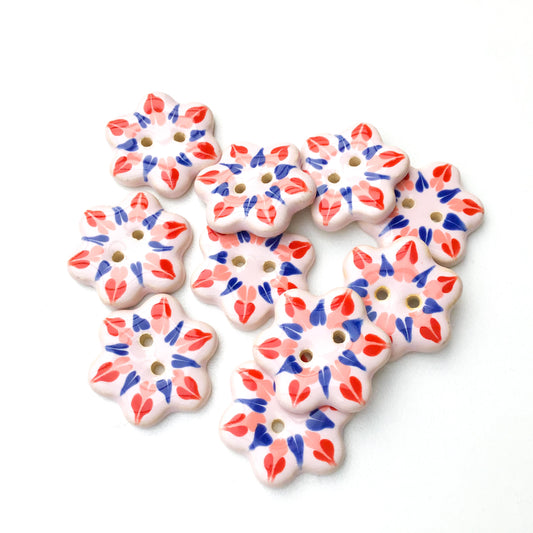 Soft Pink Flower Buttons with Red, Coral, & Blue Detail - Ceramic Flower Buttons - 1"