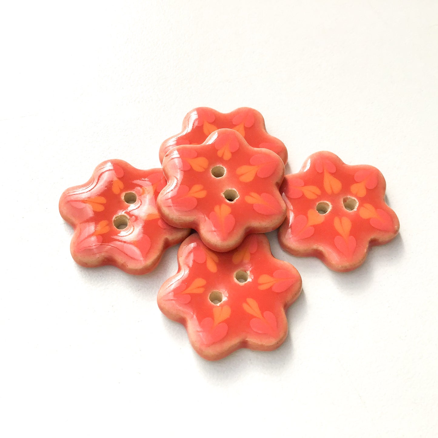 Salmon Pink Flower Buttons with Coral & Orange Detail - Ceramic Flower Buttons - 1" - 5 Pack (ws-186)