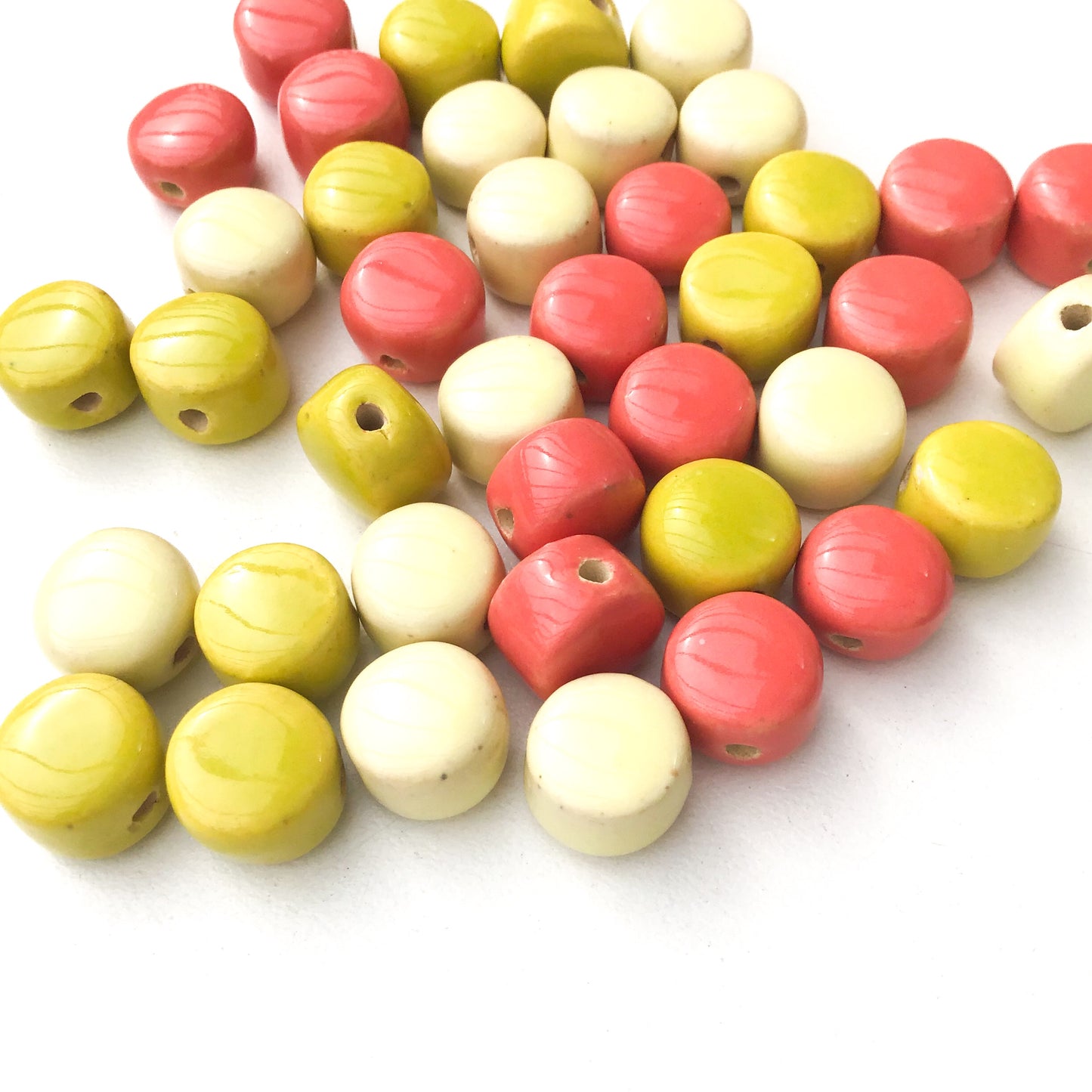 Round Handmade Clay Beads - Coral, Chartreuse, Light Yellow Ceramic Beads - 3/8" x 1/4"