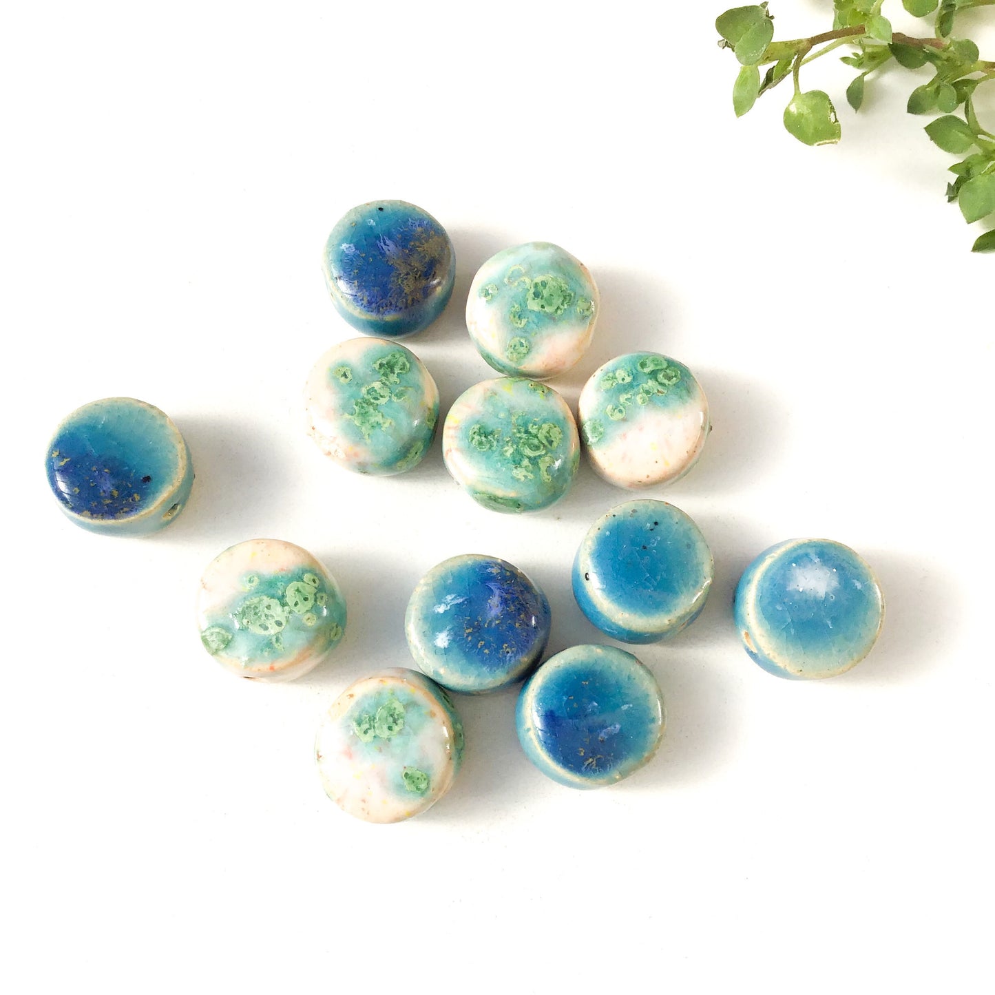 Round Handmade Clay Beads - Turquoise, White, and Ocean Blue Ceramic Beads - 9/16" x 1/4"