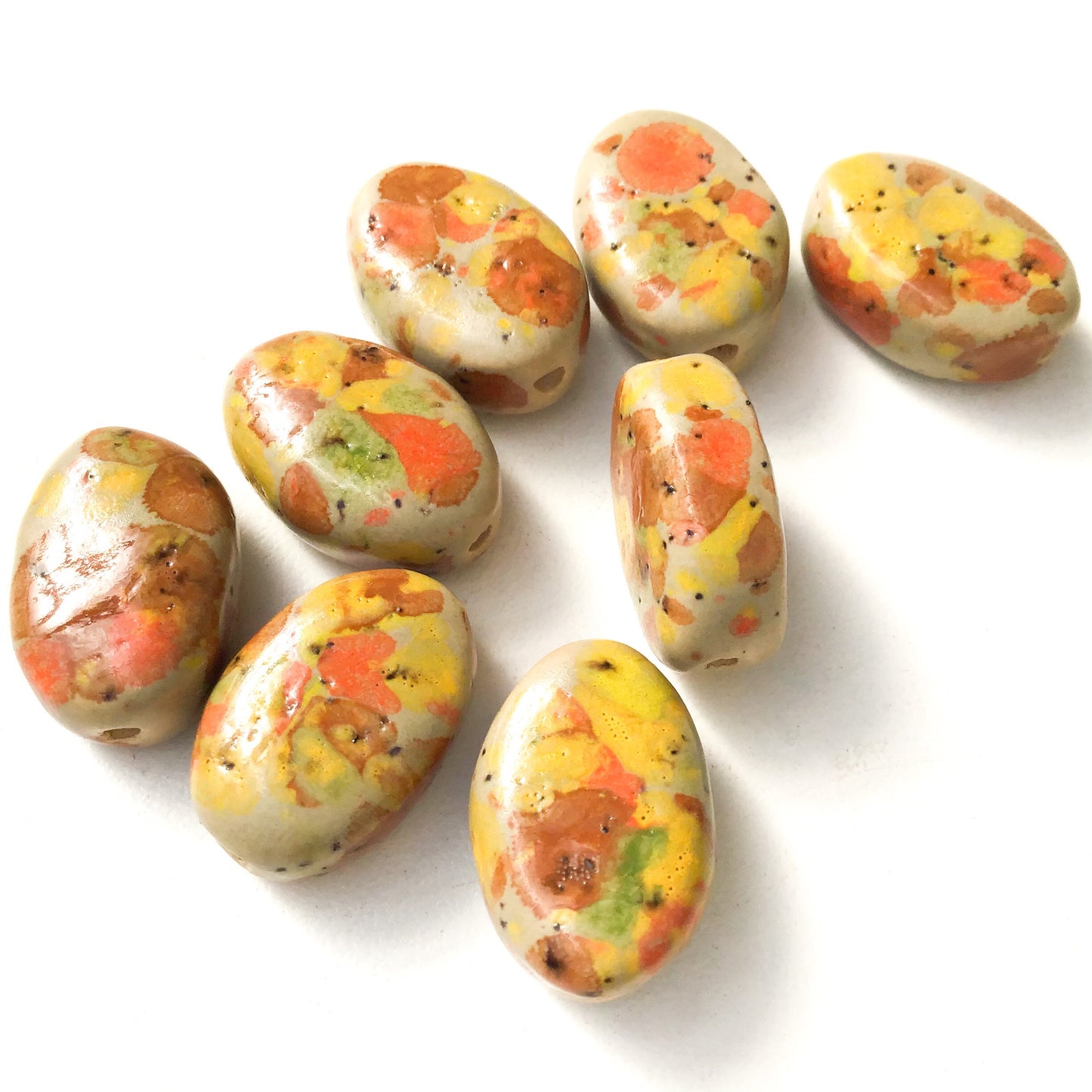 Oval Handmade Beads - Ceramic Beads in Sage Green, Orange, & Yellow - 13/16" x 1/2"