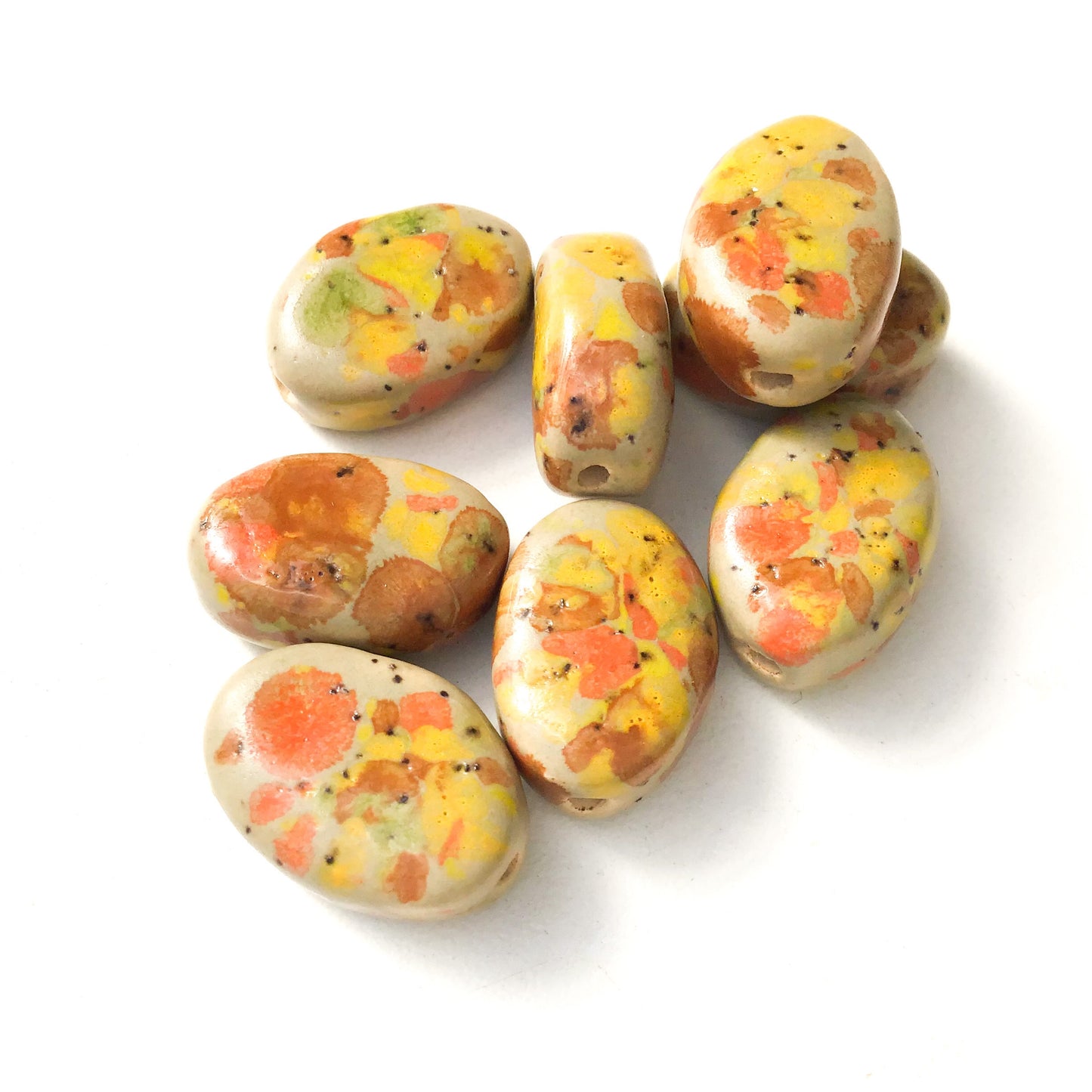 Oval Handmade Beads - Ceramic Beads in Sage Green, Orange, & Yellow - 13/16" x 1/2"