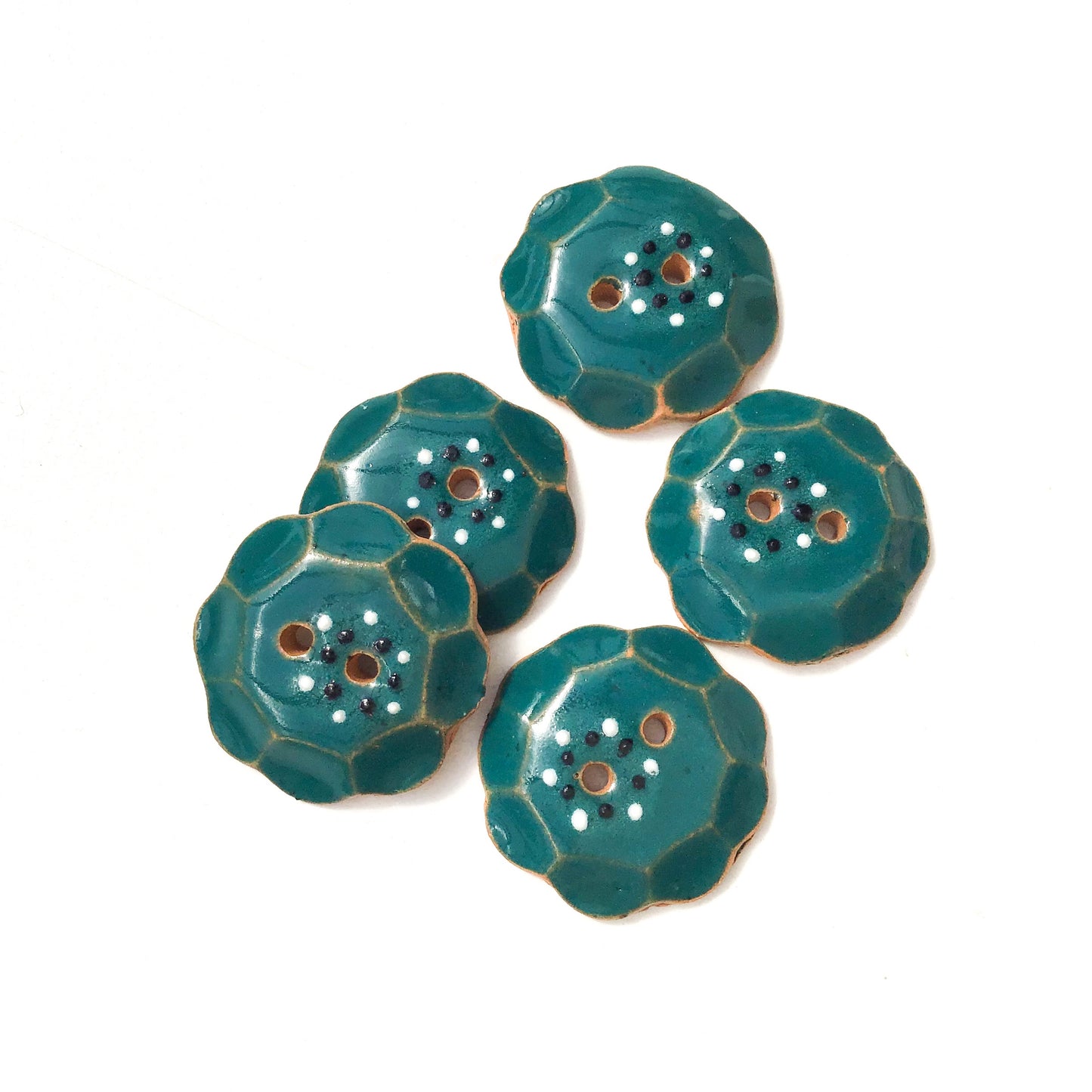 Teal "Spark" Ceramic Buttons with Scallops - Teal Clay Buttons - 7/8" - 5 Pack