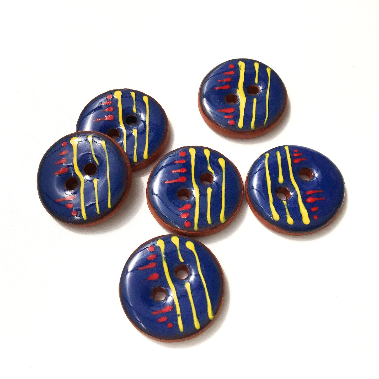 Deep Blue 'Line & Dash' Ceramic Buttons on Red Clay - Round Ceramic Buttons - 3/4" - 6 Pack