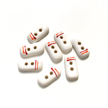 Load image into Gallery viewer, Rectangular White Ceramic Buttons with Orange + Red Lines - White Clay Buttons - 3/8&quot; x 3/4&quot; - 8 Pack