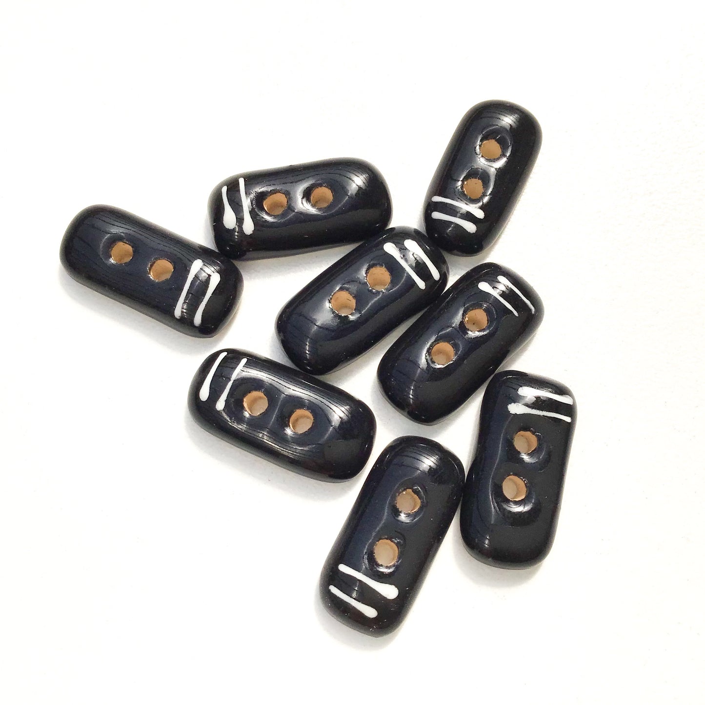 Rectangular Black Ceramic Buttons with White Lines - Black Clay Buttons - 3/8" x 3/4" - 8 Pack