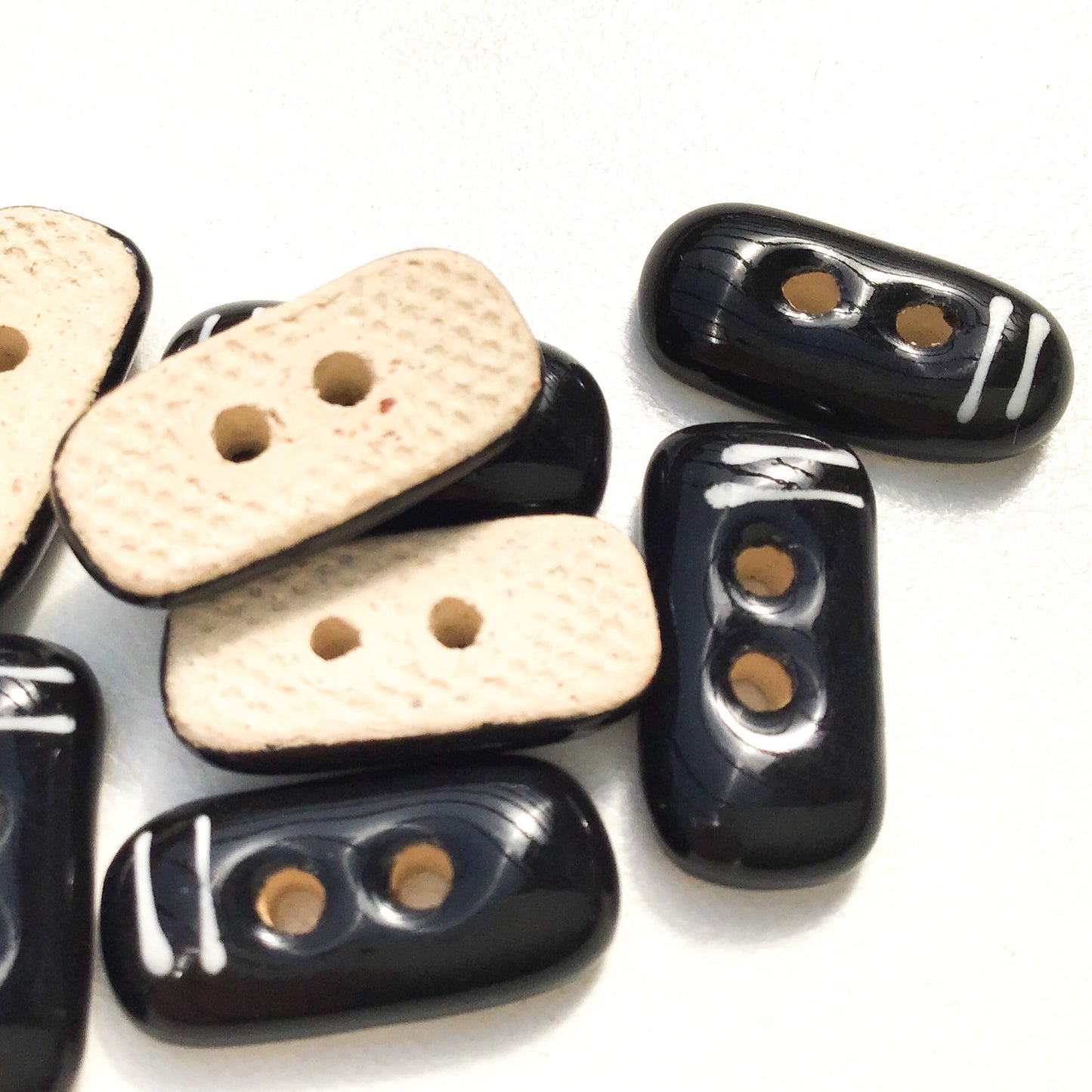 Rectangular Black Ceramic Buttons with White Lines - Black Clay Buttons - 3/8" x 3/4" - 8 Pack