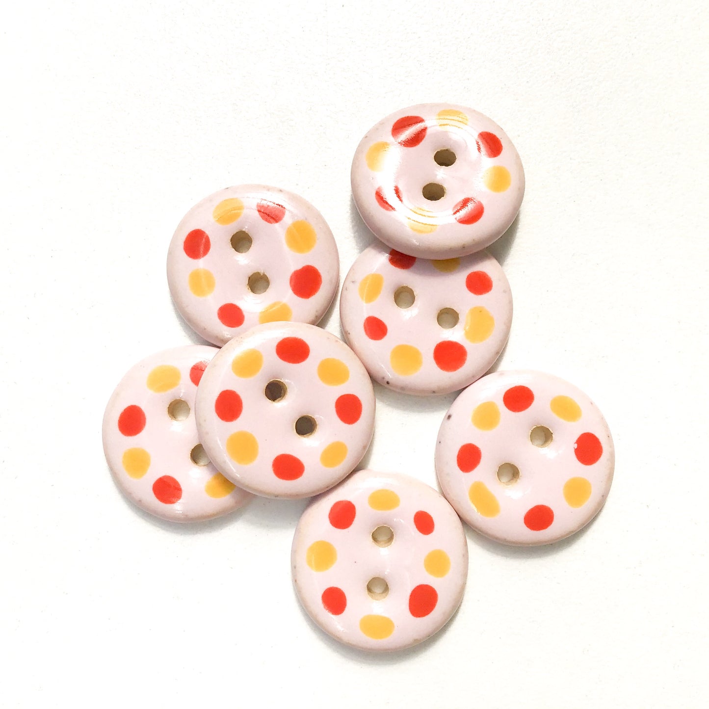 Pink Cobblestone Ceramic Buttons with Deep Orange & Yellow Dots - Pink Clay Buttons - 3/4" - 7 Pack