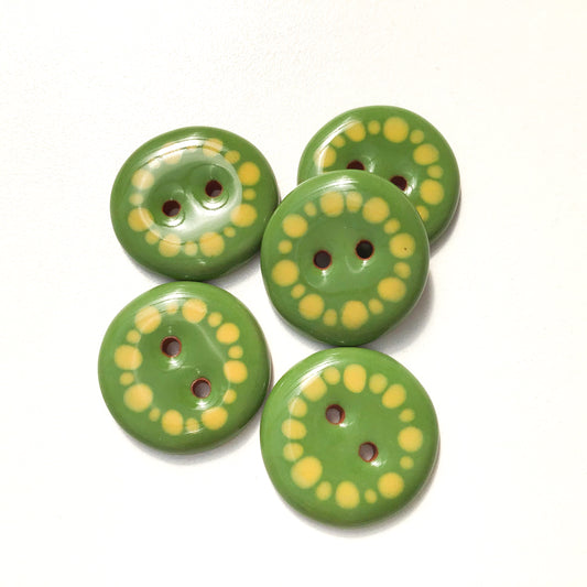 Green & Yellow Dotted Ceramic Buttons - Green Clay Buttons - 15/16" - 5 Pack