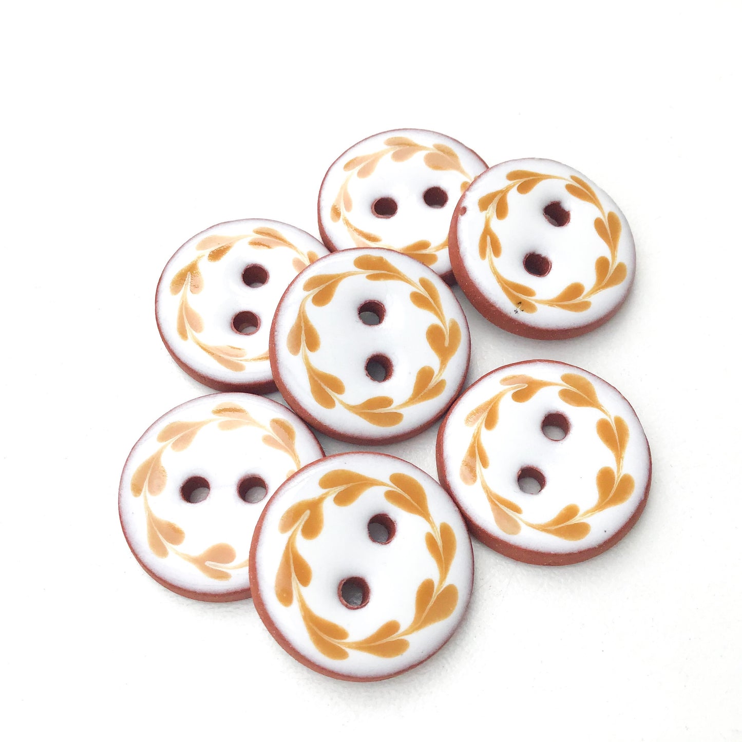 White & Caramel Brown Floral Wreath Ceramic Buttons- 3/4"
