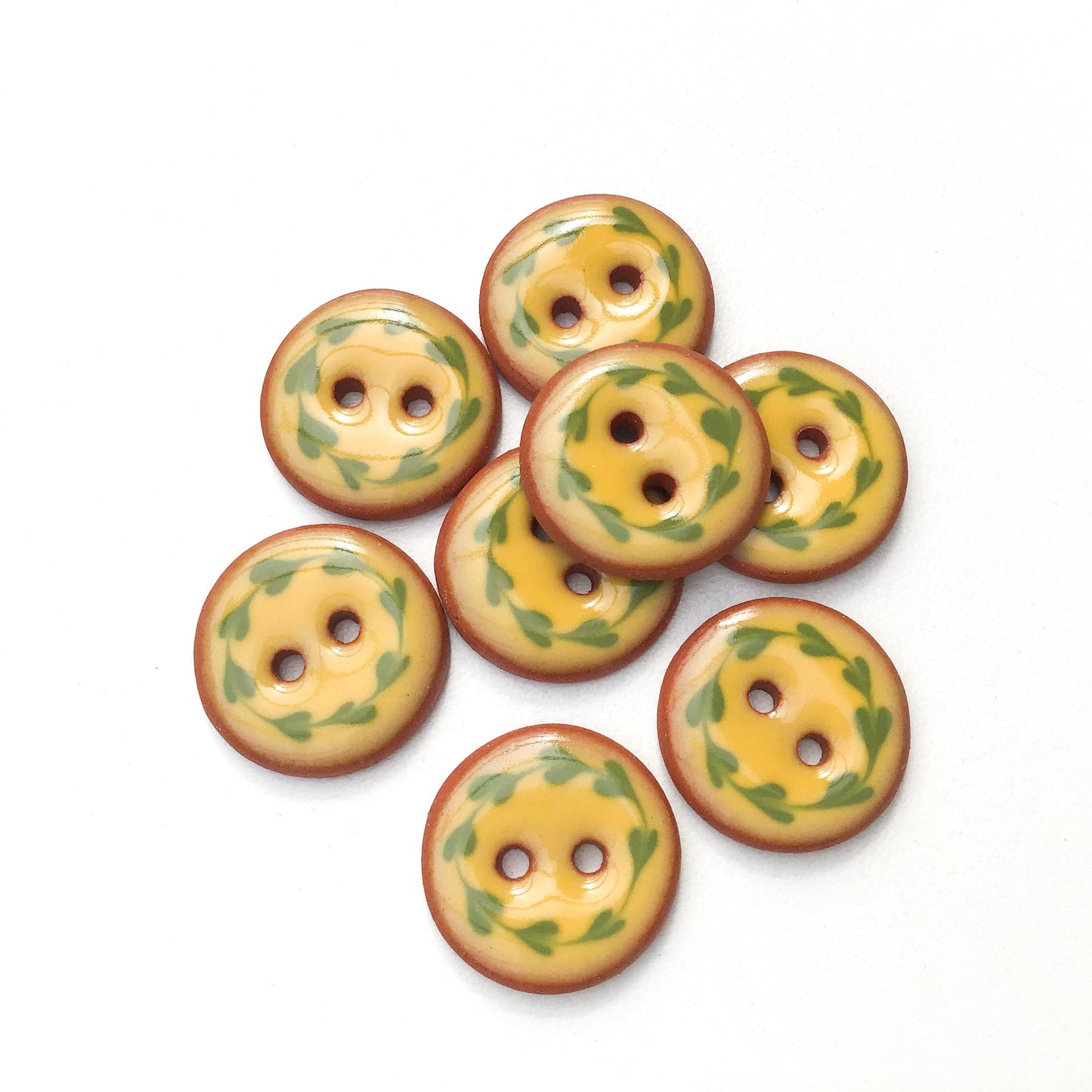Yellow & Green Floral Wreath Ceramic Buttons - Round Ceramic Buttons - 3/4" - 8 Pack