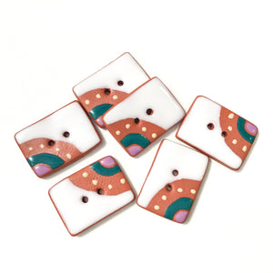 Decorative Rectangle Buttons in on Red Clay - White - Teal - Purple - 3/4" x 1 1/16"
