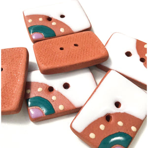 Decorative Rectangle Buttons in on Red Clay - White - Teal - Purple - 3/4" x 1 1/16"