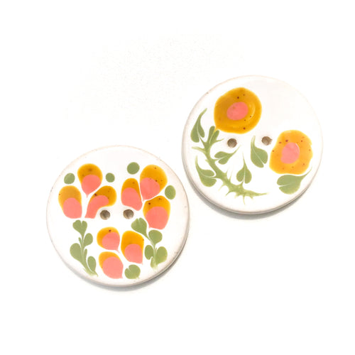 Mustard & Coral Floral Button - Large Ceramic Button - 1 7/16