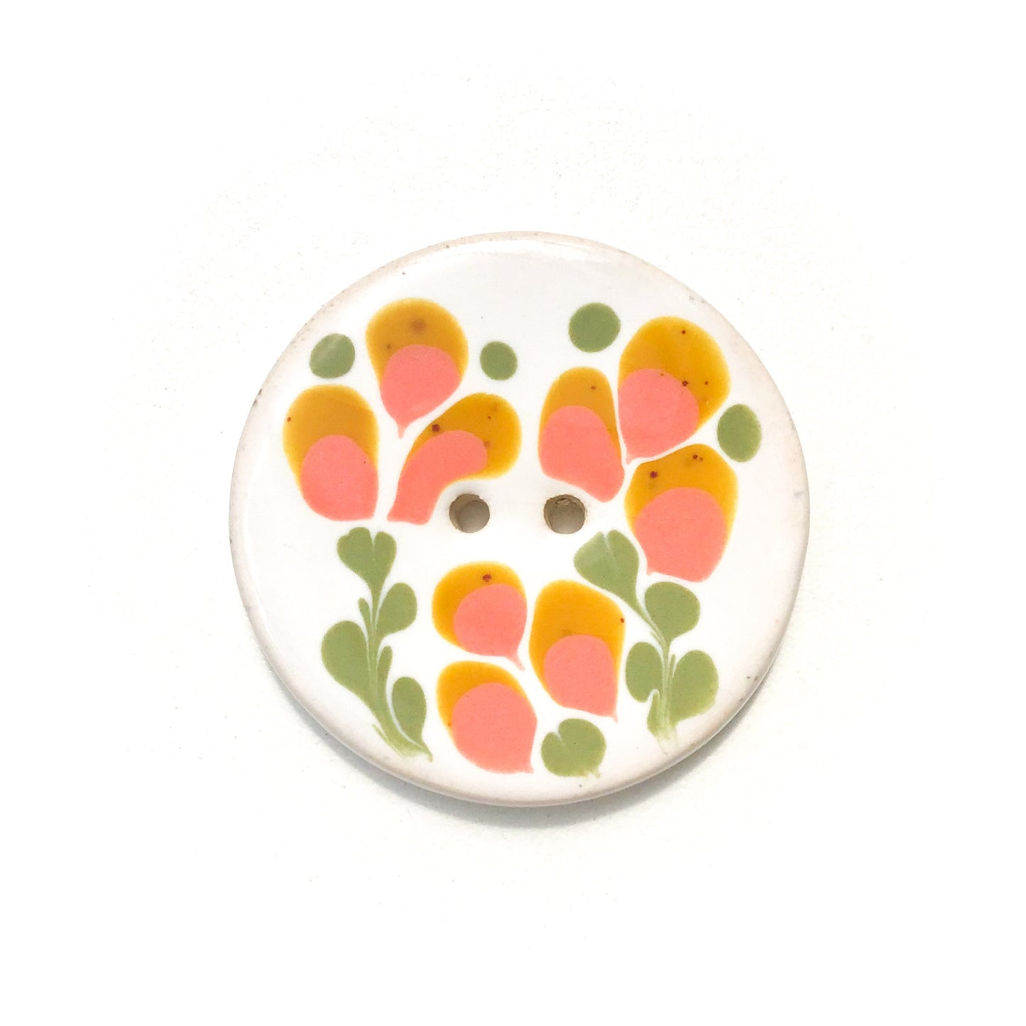 Mustard & Coral Floral Button - Large Ceramic Button - 1 7/16"