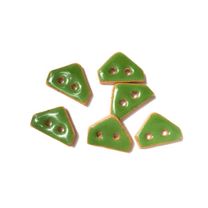 Shamrock Green Ceramic Buttons on Brown Clay - Small Geometric Ceramic Buttons - 3/8" X 1/2" - 6 Pack