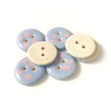 Cargar imagen en el visor de la galería, Light Blue + Speckled Pink Dot Buttons - Round Ceramic Buttons - 3/4&quot; - 7 Pack