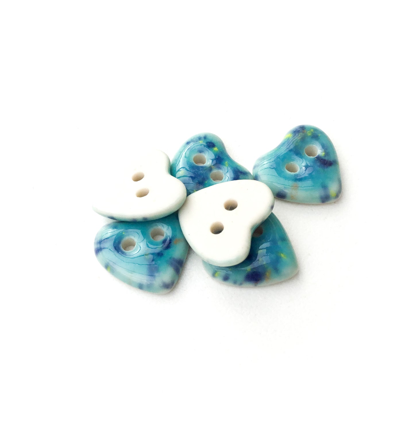 Speckled Turquoise Porcelain Heart Buttons - Ceramic Heart Buttons - 9/16" - 6 pack