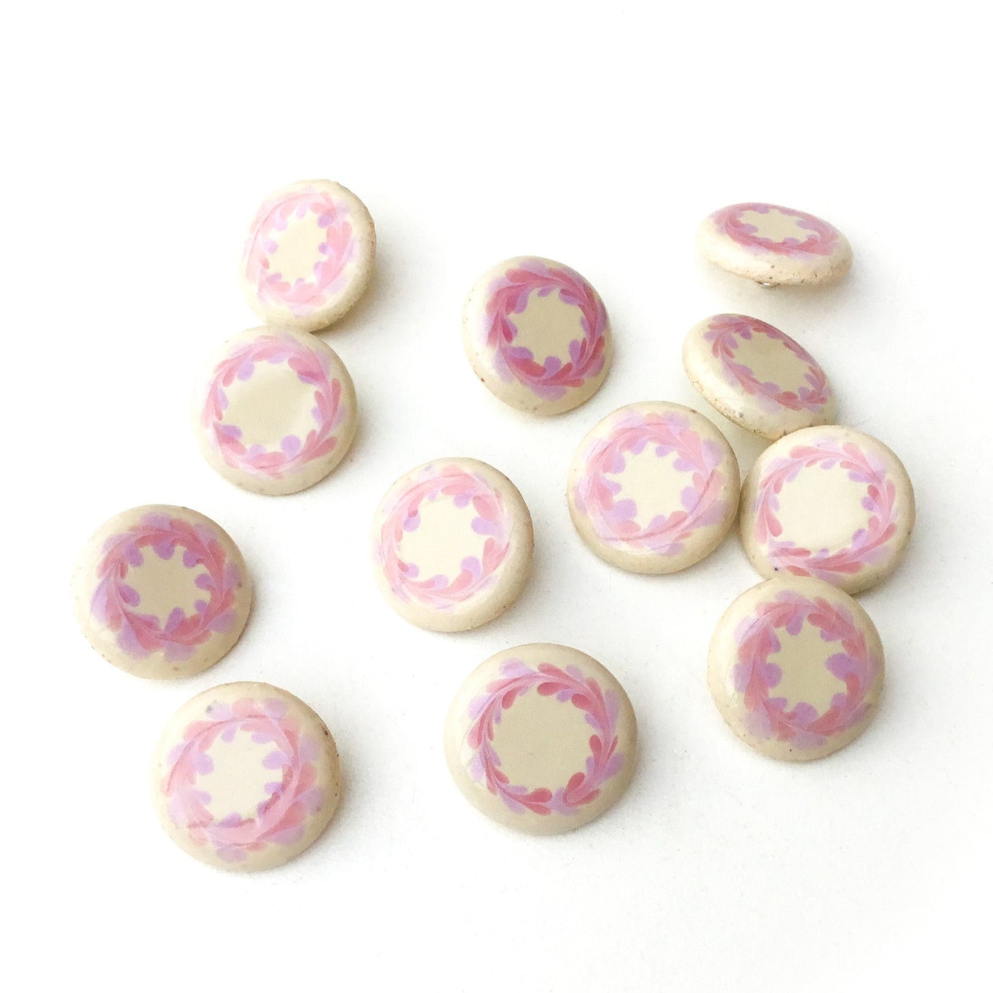 Antique White & Pink Wreath Ceramic Shank Buttons - 11/16"
